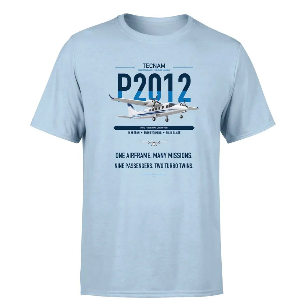 Tecnam P2012 Traveller design on light blue t-shirt, single-side print