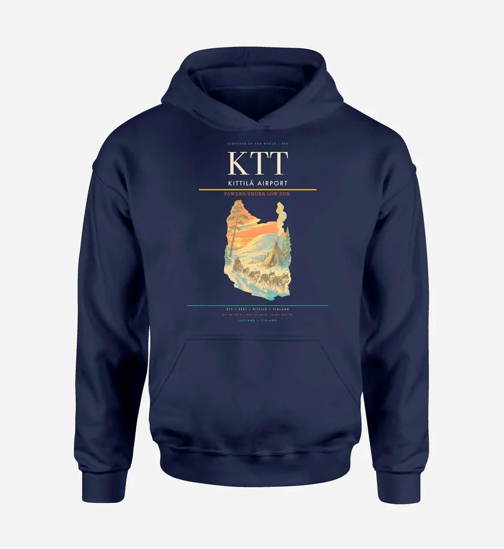 Kittilä Airport (KTT) design on navy blue hoodie single-side print