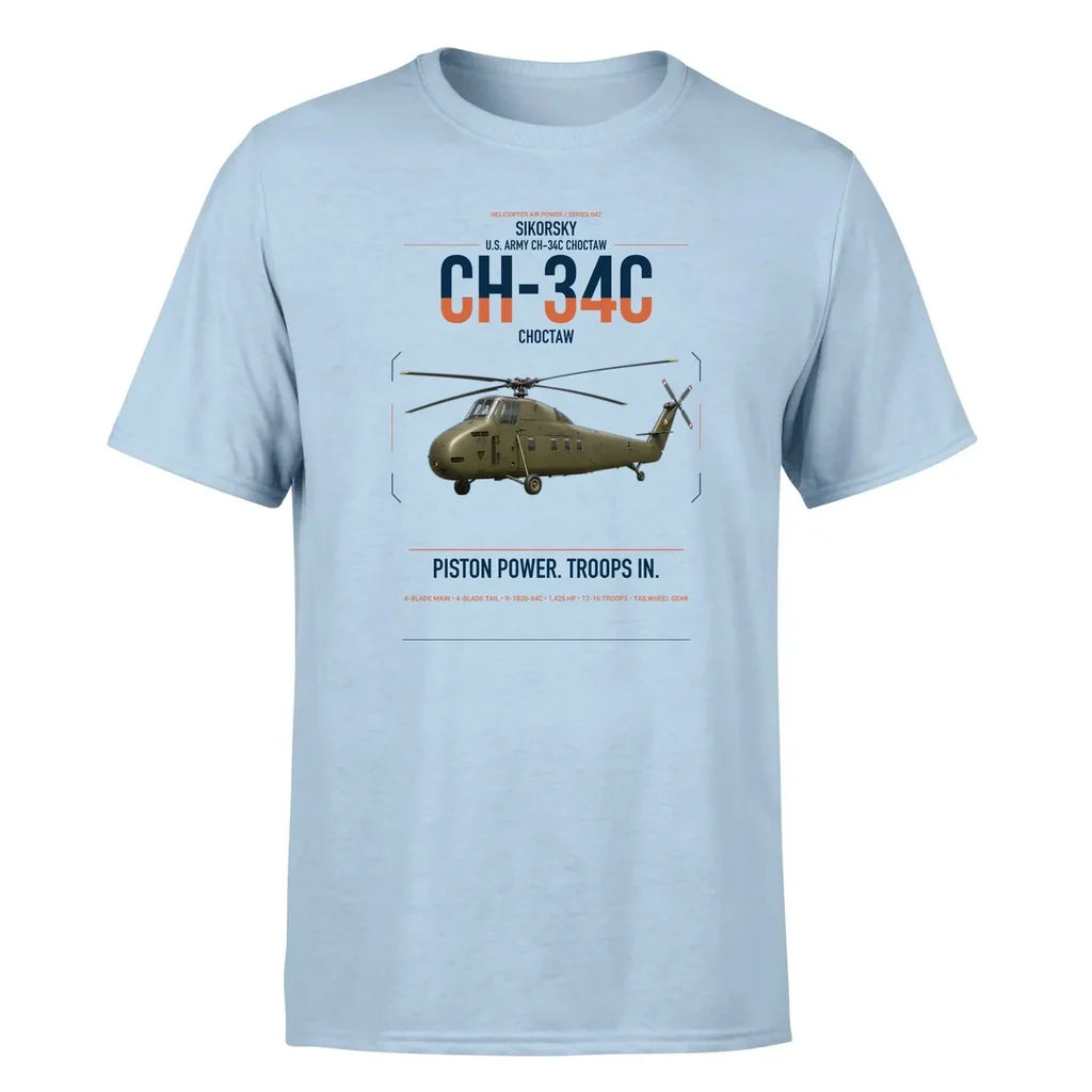 Sikorsky CH-34C Choctaw design on light blue t-shirt, single-side print