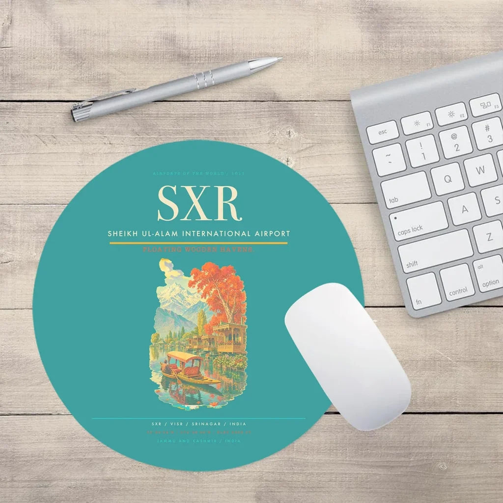 Sheikh ul-Alam International Airport (SXR) design on turquoise round mouse pad