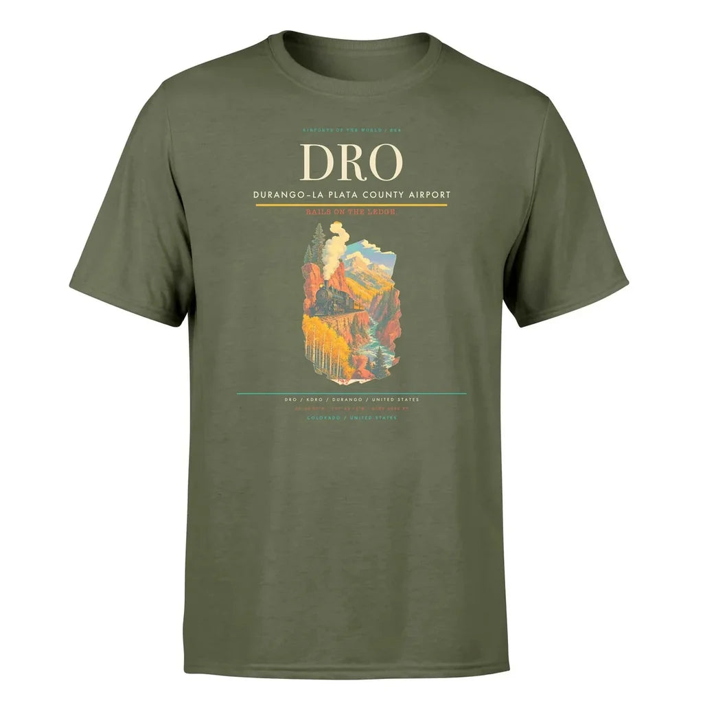 Durango–La Plata County Airport (DRO) T-Shirt single-side front print in Green Army | durangola-plata-county-airport-dro-double-side-t-shirt