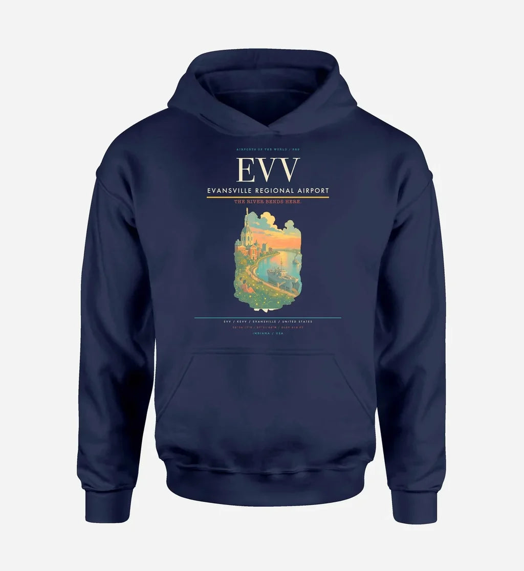 Evansville Regional Airport (EVV) design on navy blue hoodie single-side print