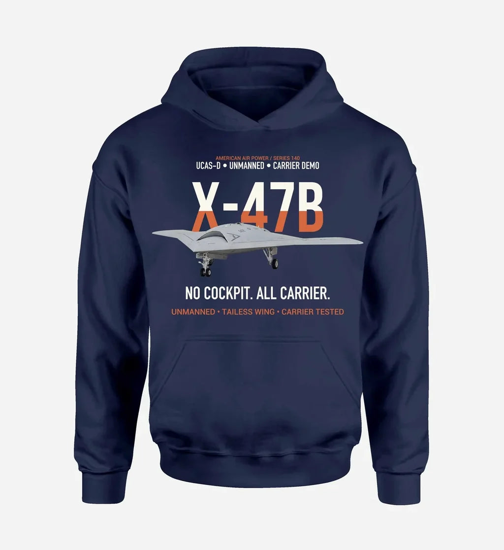 X-47B UCAS-D design on navy blue hoodie single side