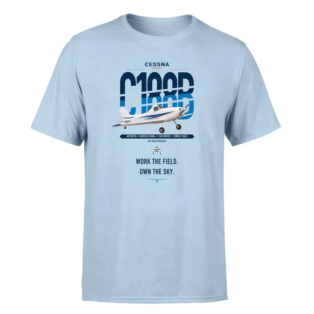 Cessna A188B AgTruck design on light blue t-shirt, single-side print