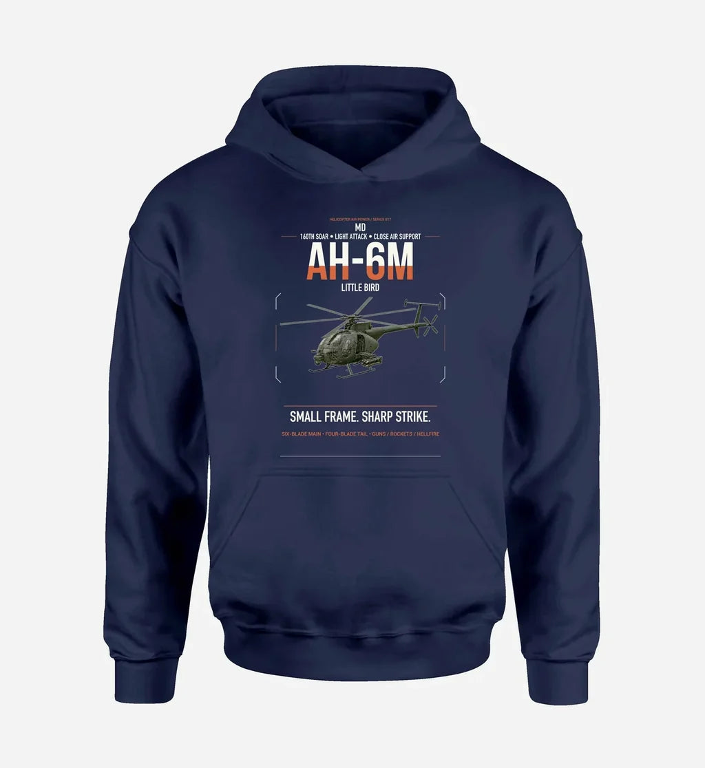 MD AH-6M Little Bird design on navy blue double-side hoodie, single-side print