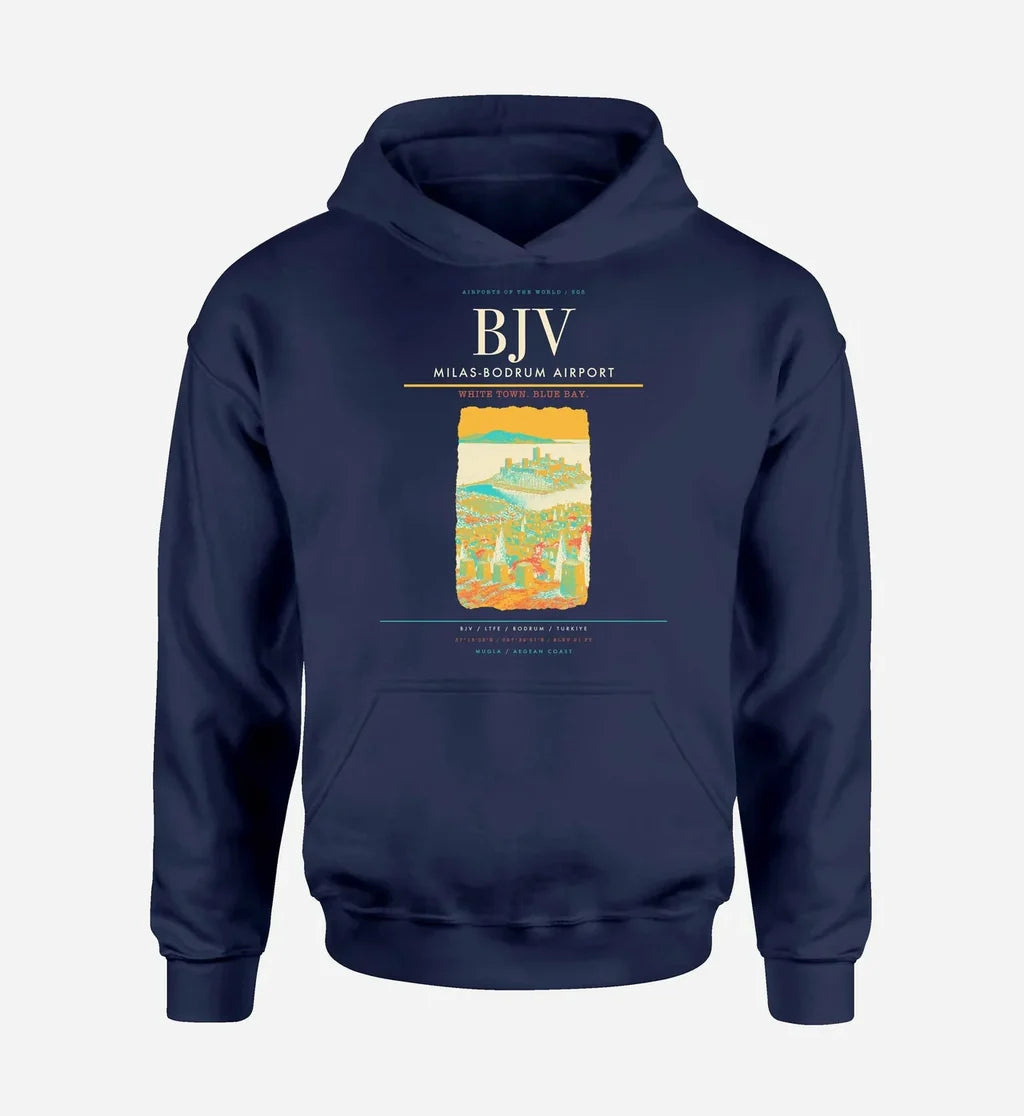 Milas-Bodrum Airport (BJV) design on navy blue hoodie single-side print