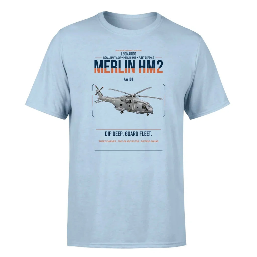 Leonardo AW101 Merlin HM2 design on light blue t-shirt, single-side print