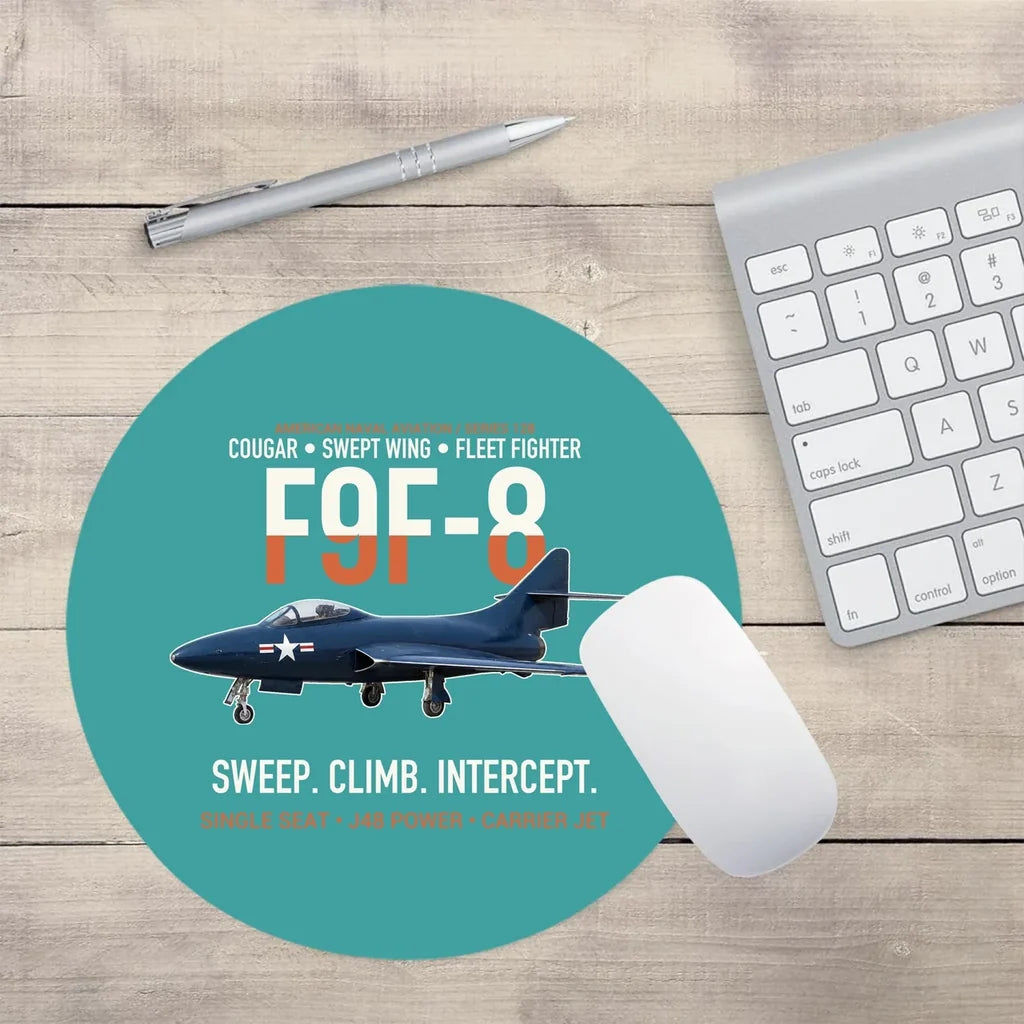 F9F-8 Cougar Swept Wing Carrier Fighter design on turquoise round mouse pad