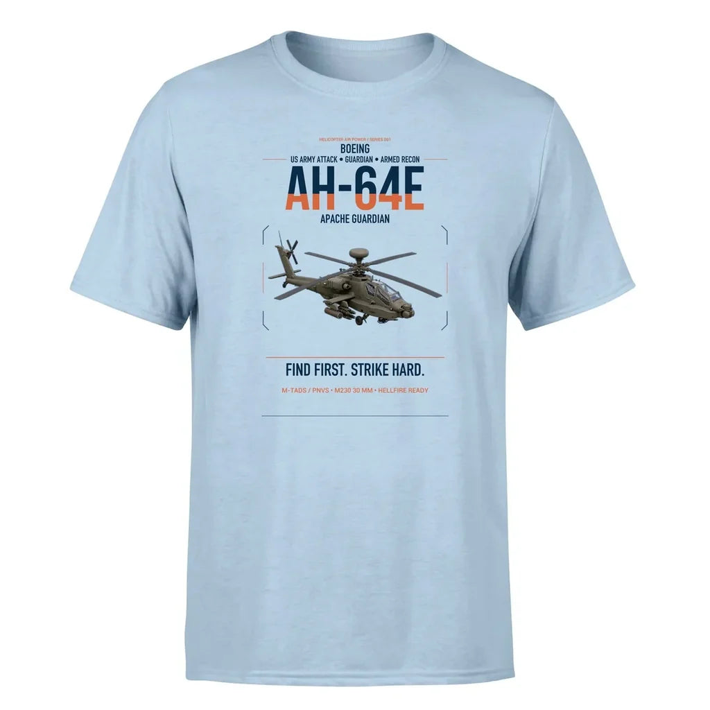 Boeing AH-64E Apache Guardian design on light blue t-shirt, single-side print