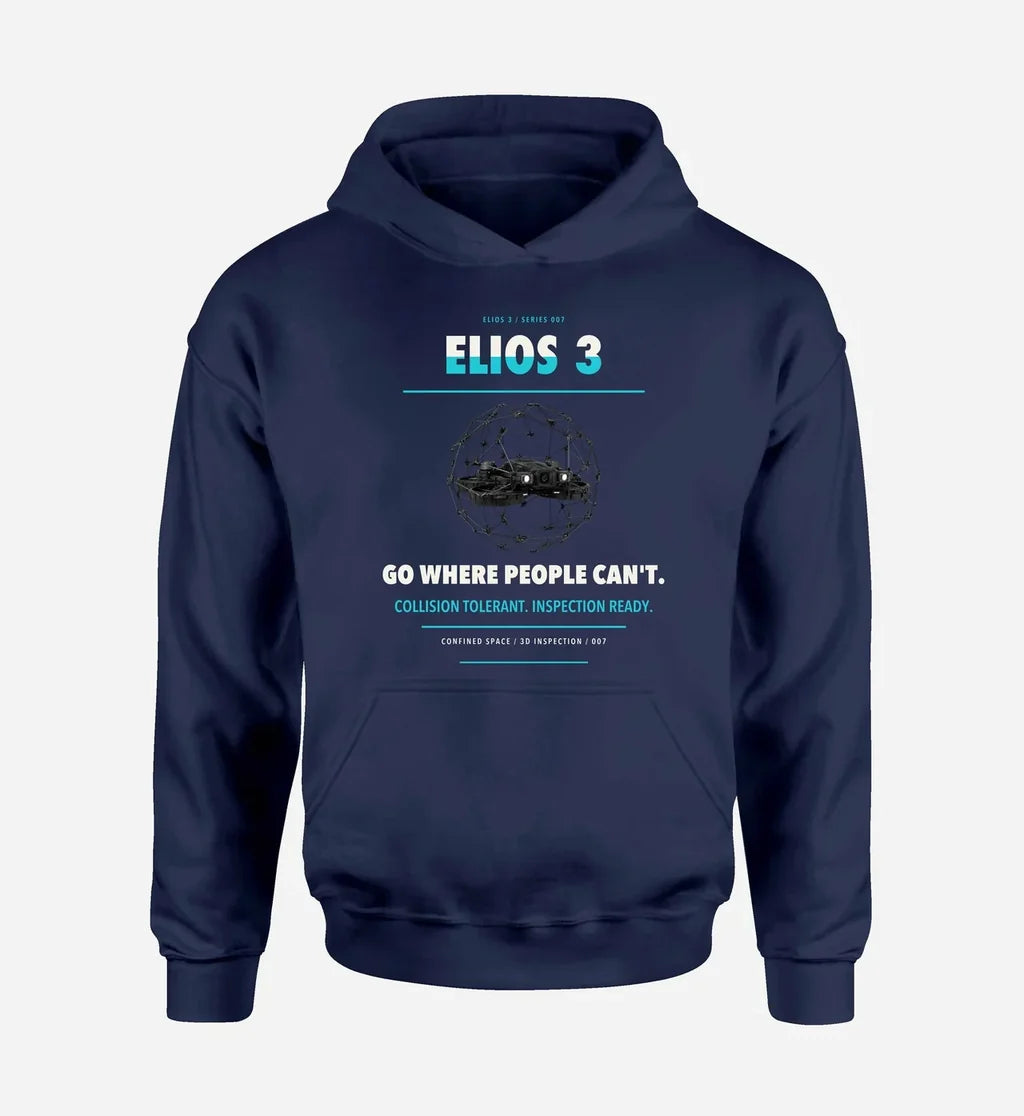 Flyability Elios 3 design on navy blue hoodie single side