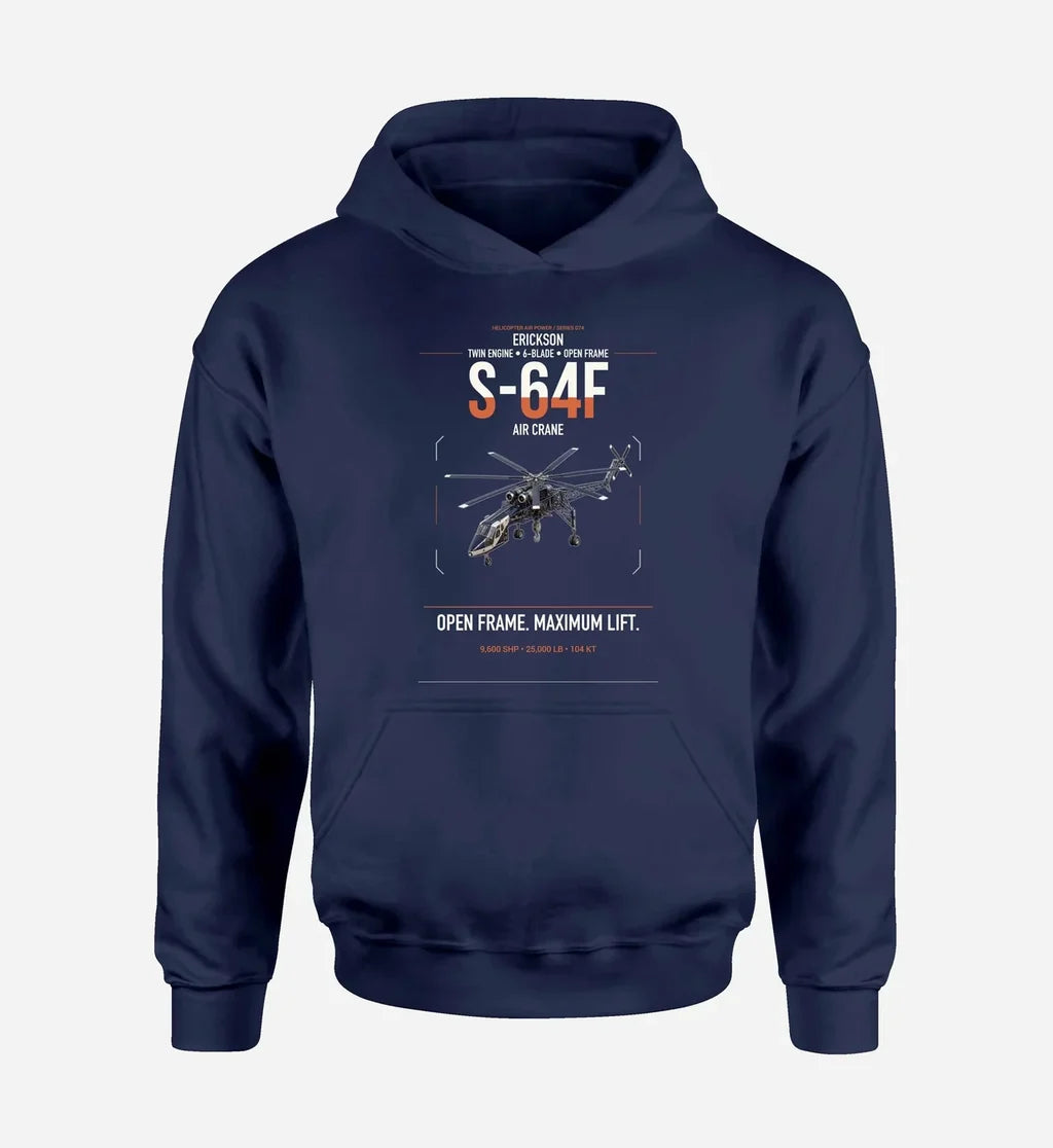 Erickson S-64F Air Crane design on navy blue double-side hoodie, single-side print