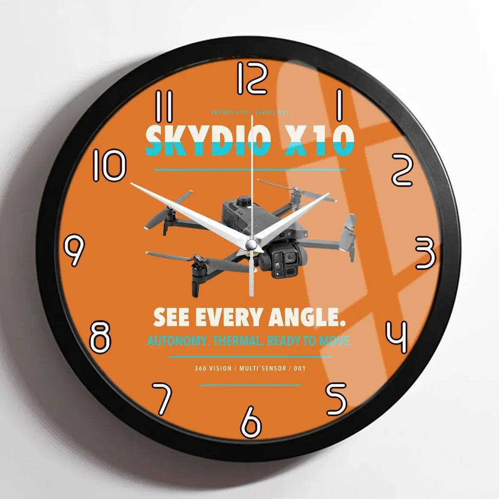 Skydio X10 design on orange framed wall clock