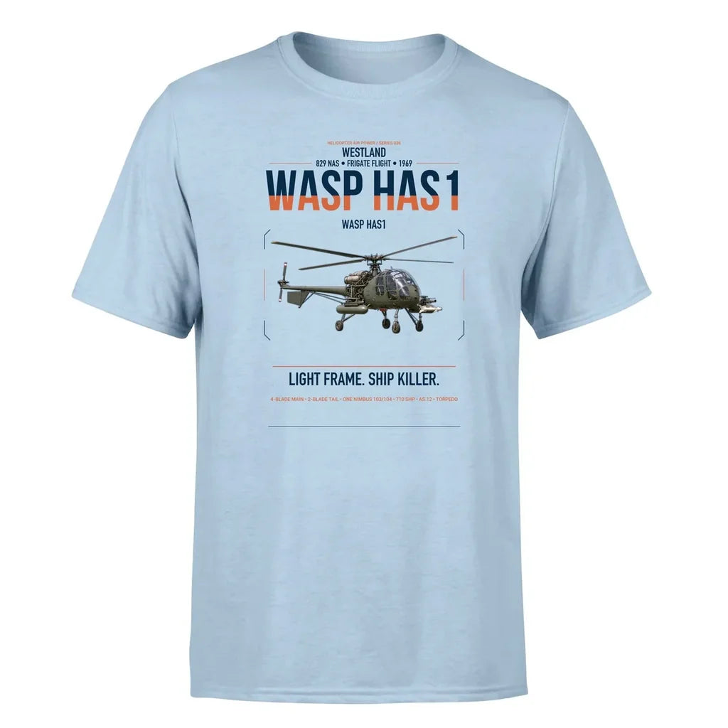 Westland Wasp HAS1 design on light blue t-shirt, single-side print