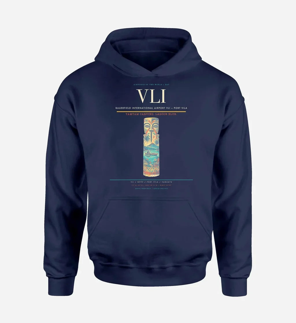 Bauerfield International Airport (VLI) design on navy blue hoodie single-side print