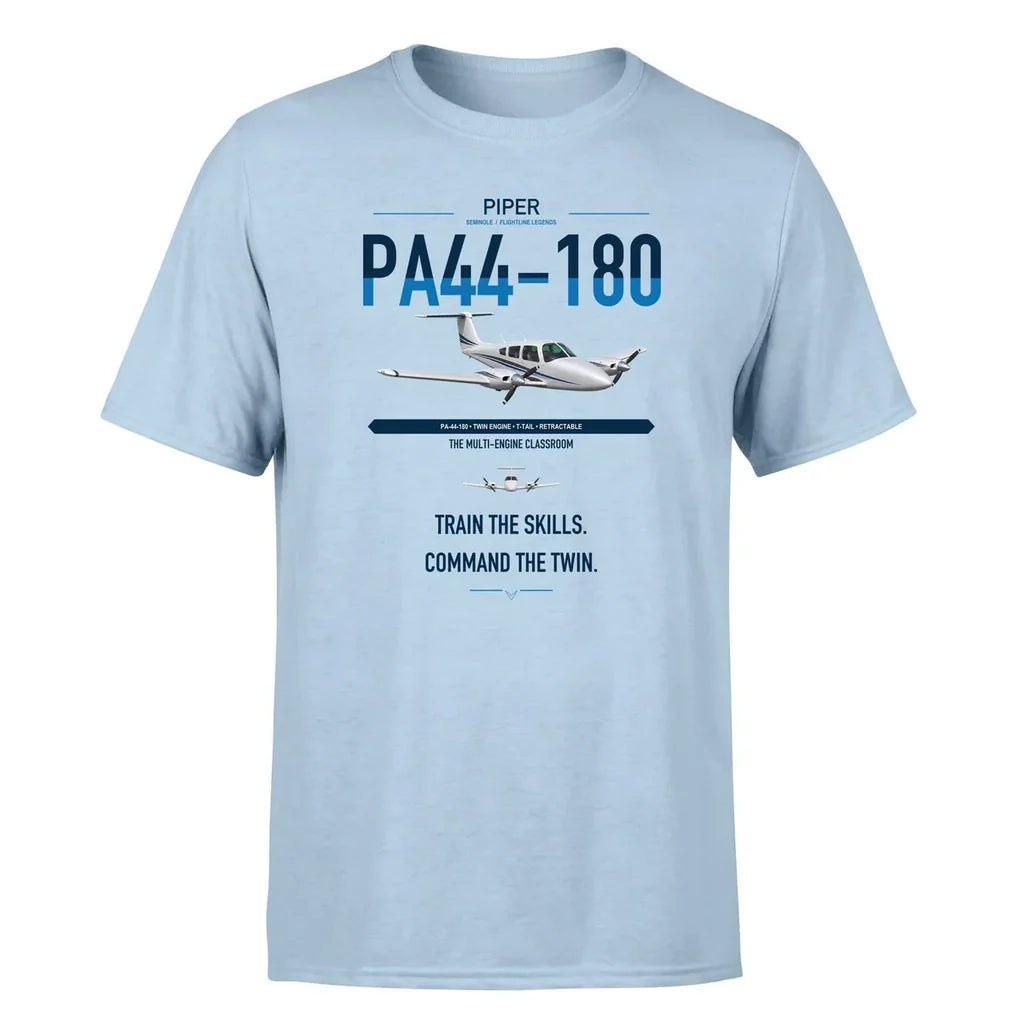 Piper PA-44-180 Seminole design on light blue t-shirt, single-side print