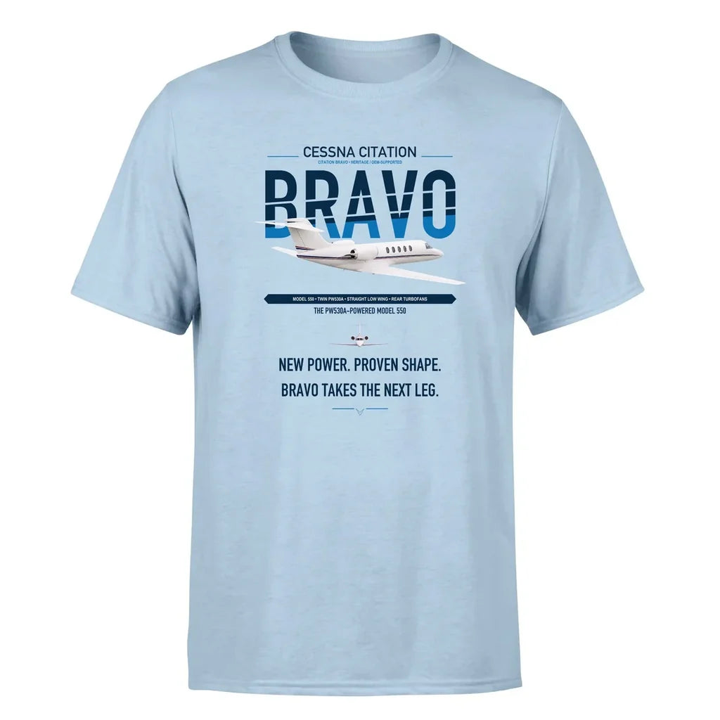 Cessna Citation Bravo design on light blue double-side t-shirt, single-side print
