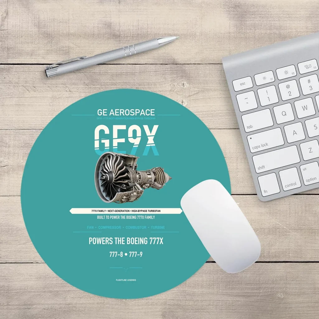 GE9X design on turquoise round mouse pad