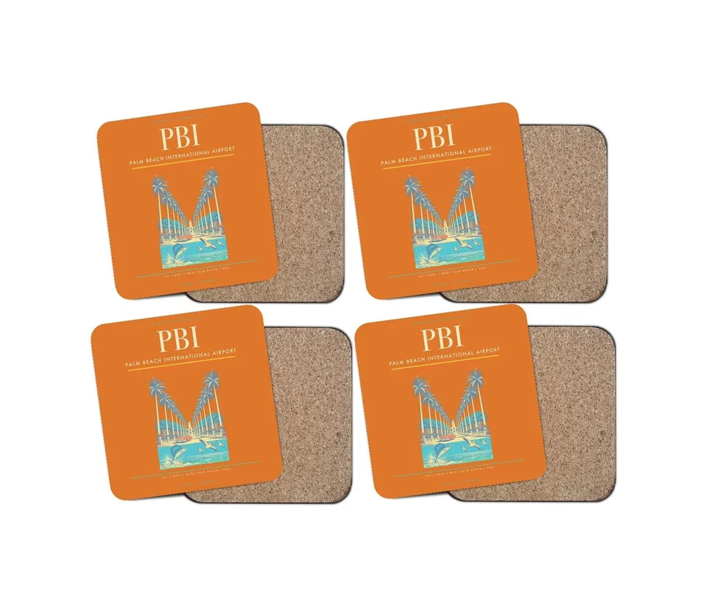 Palm Beach International Airport (PBI) design on orange 4 pieces set coaster