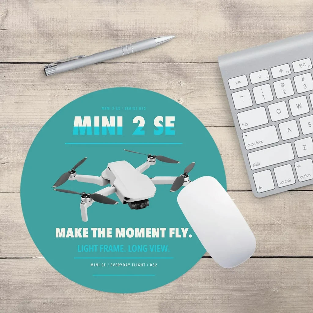 DJI Mini 2 SE design on turquoise round mouse pad