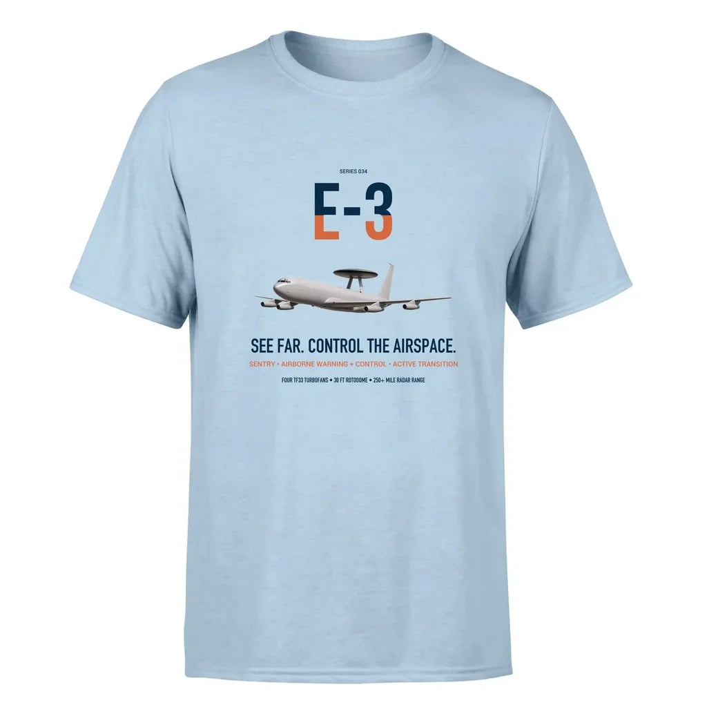 E-3 Sentry AWACS design on light blue double-side t-shirt, single-side print