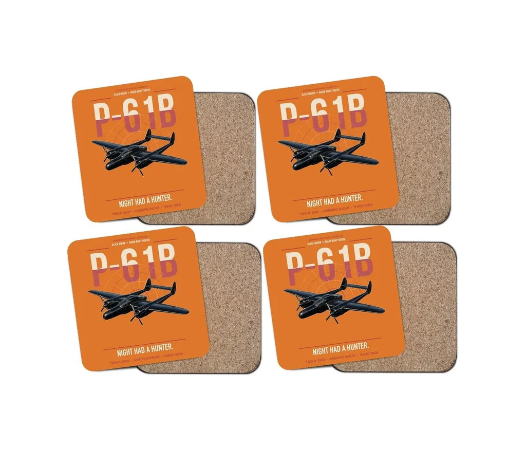 P-61B Black Widow design on orange 4 pieces set coaster