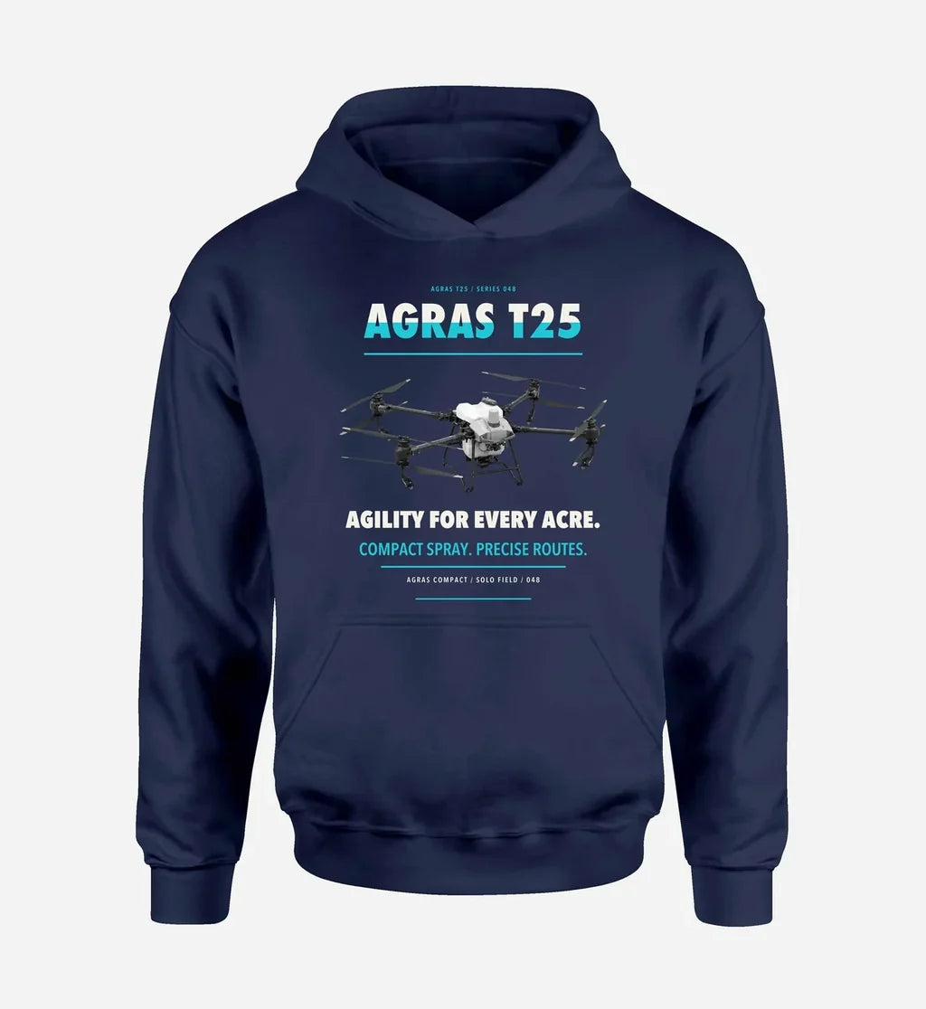 DJI Agras T25 design on navy blue hoodie single side