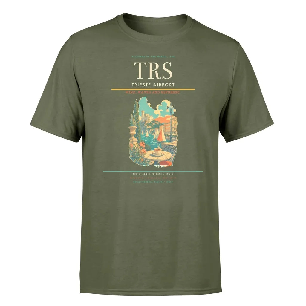 Trieste Airport (TRS) T-Shirt single-side front print in Green Army | trieste-airport-trs-double-side-t-shirt