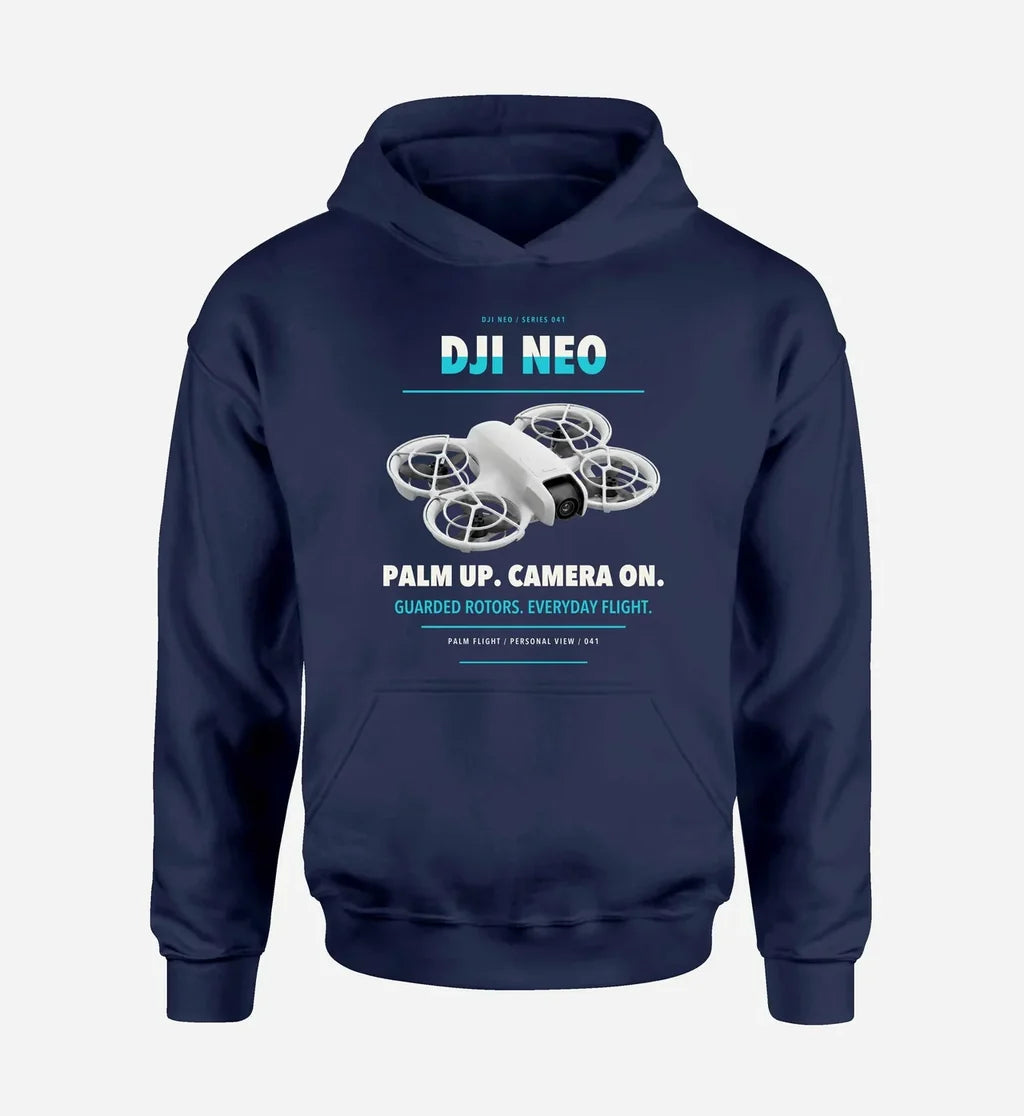 DJI Neo design on navy blue hoodie single side