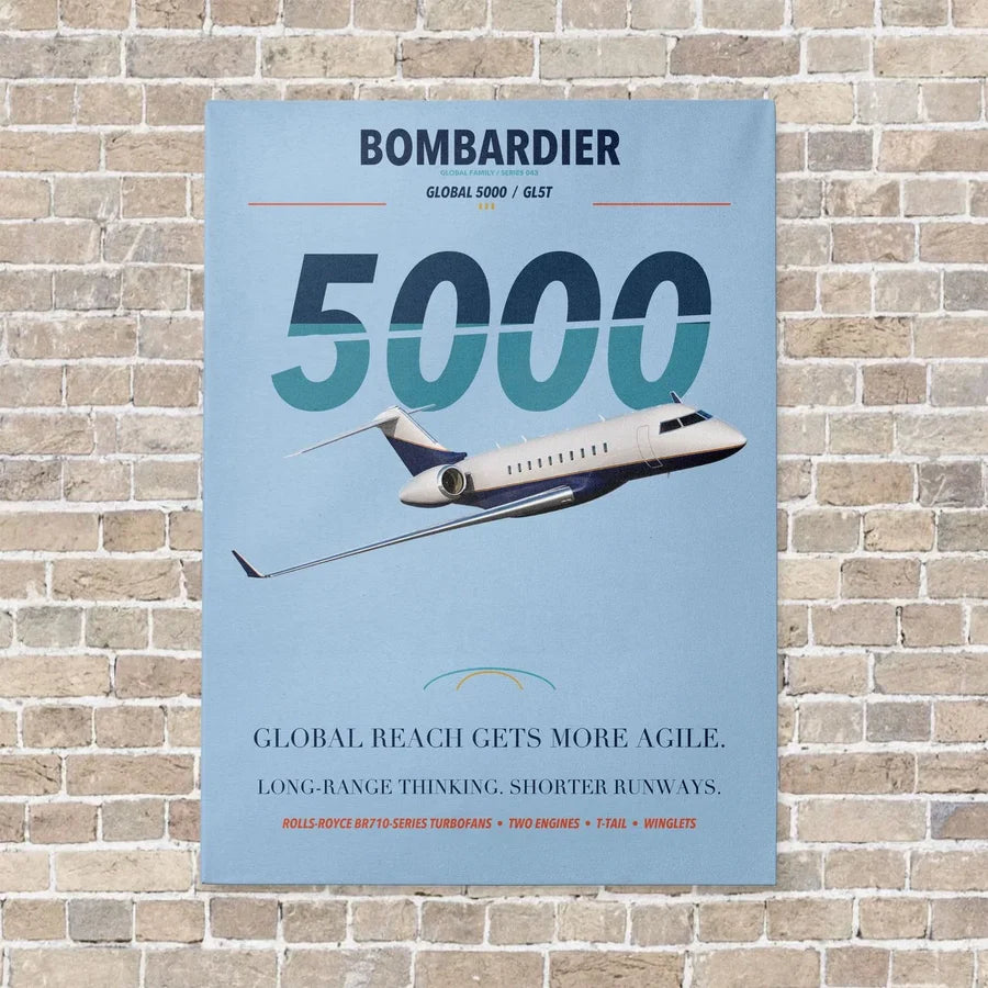 Bombardier Global 5000 vertical canvas print - no frame - light blue background