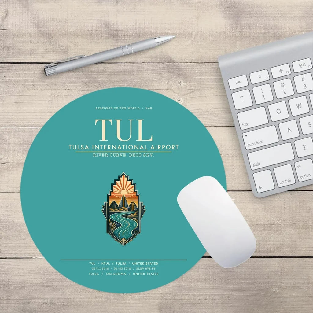 Tulsa International Airport (TUL) design on turquoise round mouse pad