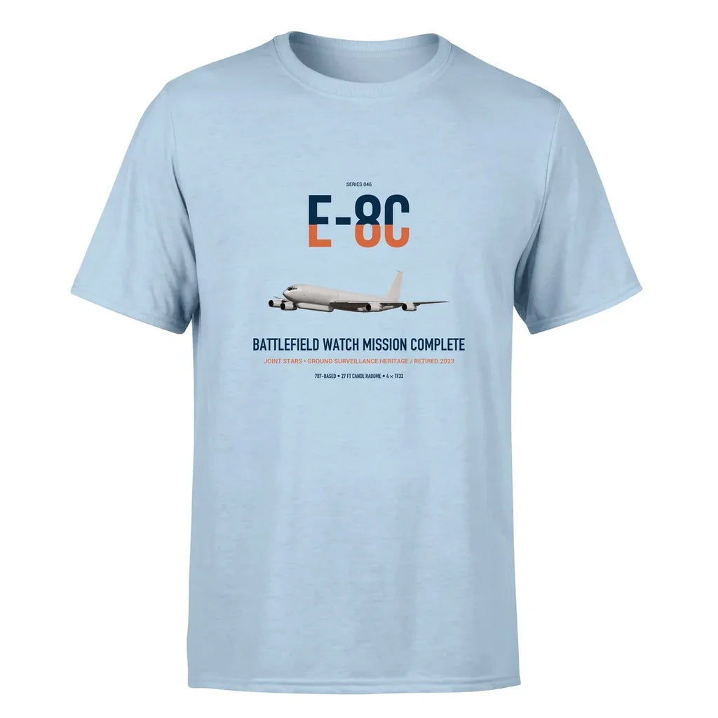 E-8C Joint STARS design on light blue double-side t-shirt, single-side print