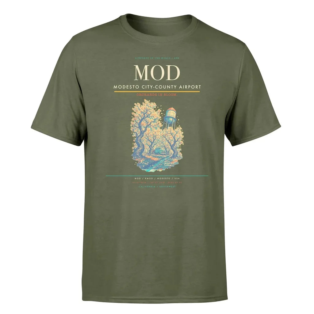 Modesto City-County Airport (MOD) T-Shirt single-side front print in Green Army | modesto-city-county-airport-mod-double-side-t-shirt