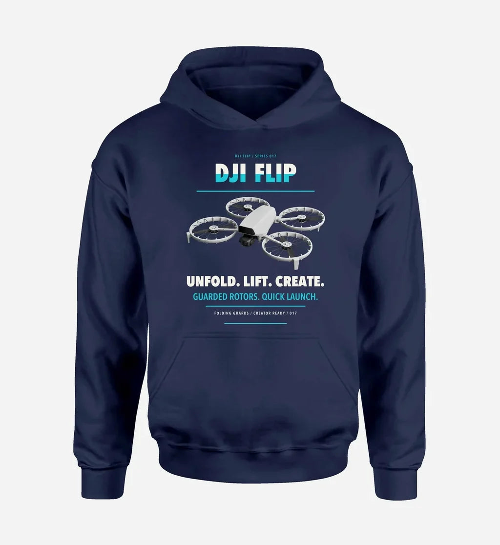 DJI Flip design on navy blue hoodie single side