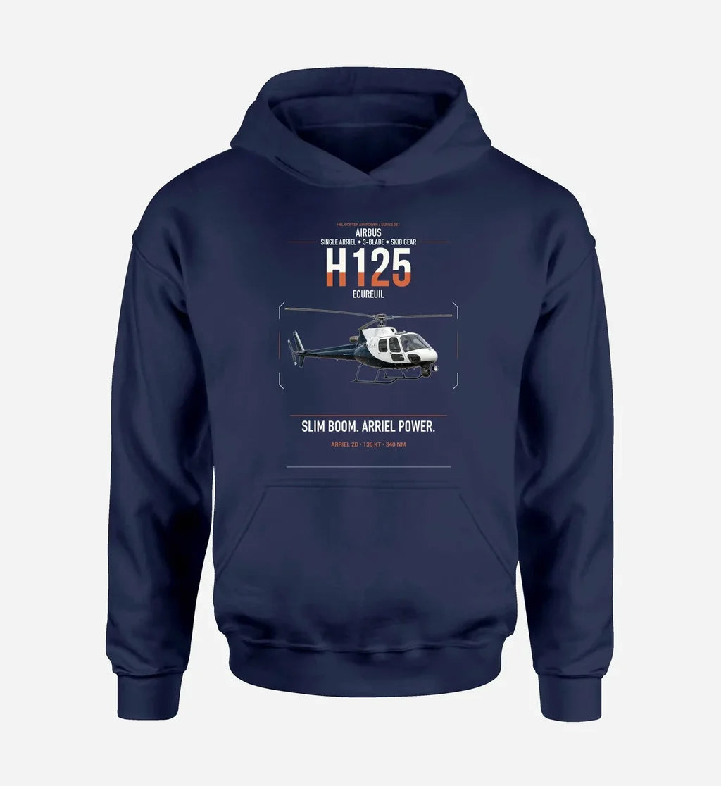 Airbus H125 design on navy blue double-side hoodie, single-side print