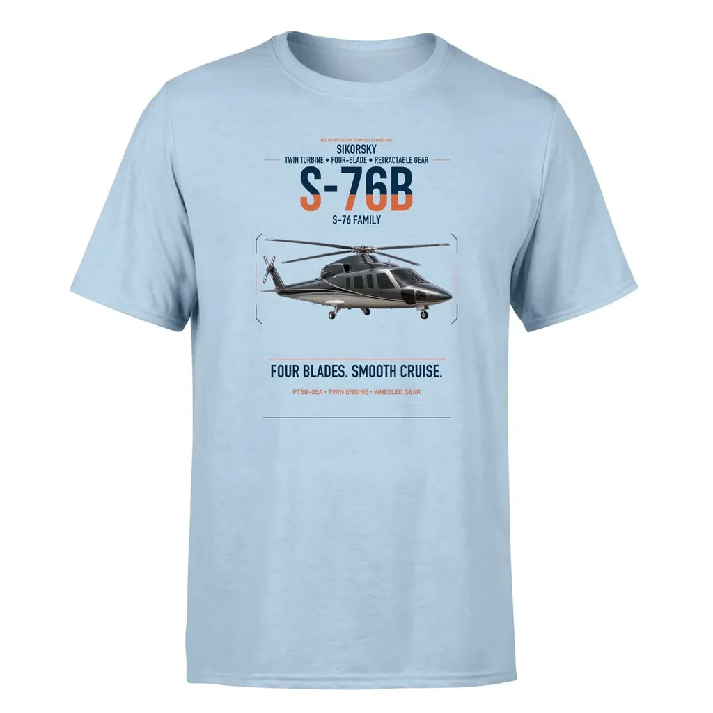 Sikorsky S-76B design on light blue t-shirt, single-side print