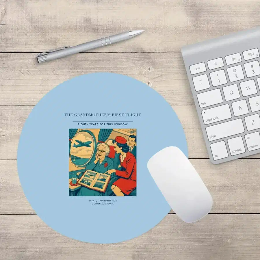 VINTAGE G4423 - The Grandmother's First Flight - Designed Mouse Pads design on lightblue round