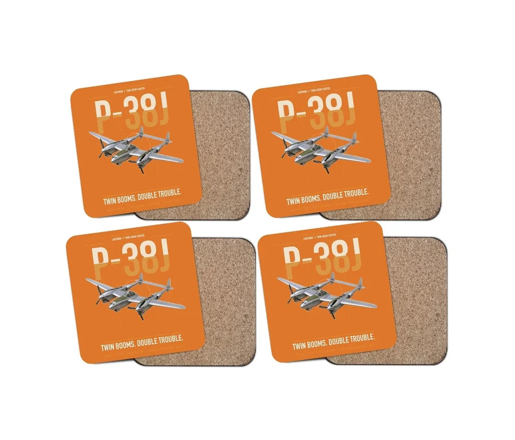 P-38J Lightning design on orange 4 pieces set coaster