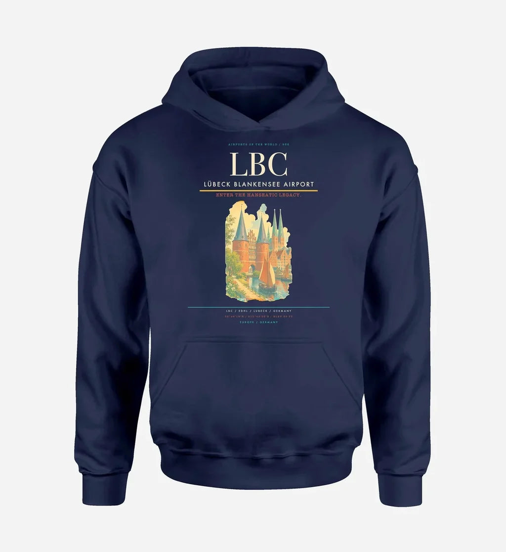 Lübeck Blankensee Airport (LBC) design on navy blue hoodie single-side print