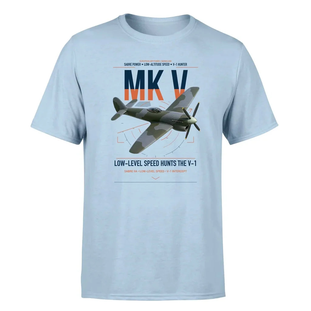Hawker Tempest Mk V design on light blue t-shirt, single-side print