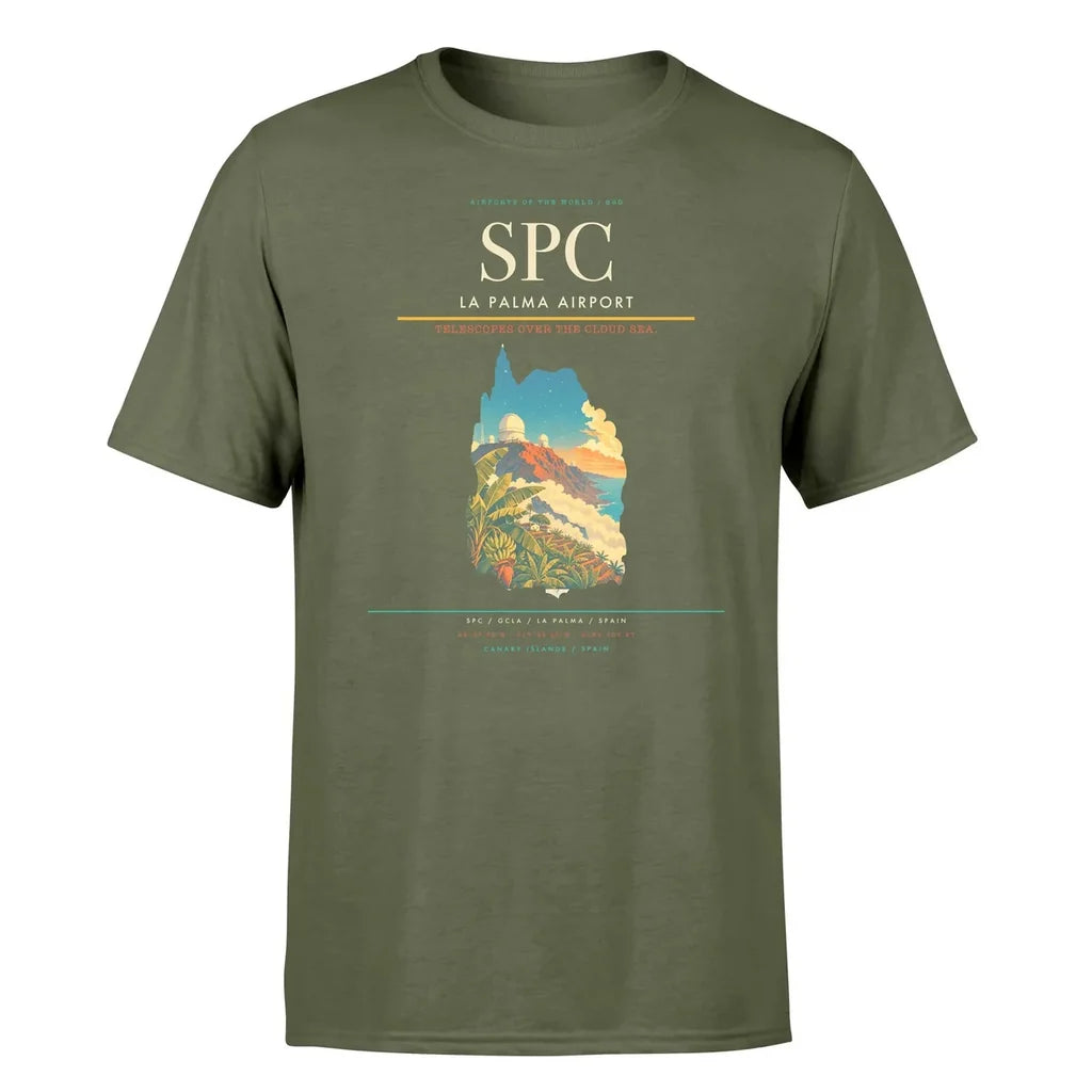 La Palma Airport (SPC) T-Shirt single-side front print in Green Army | la-palma-airport-spc-double-side-t-shirt