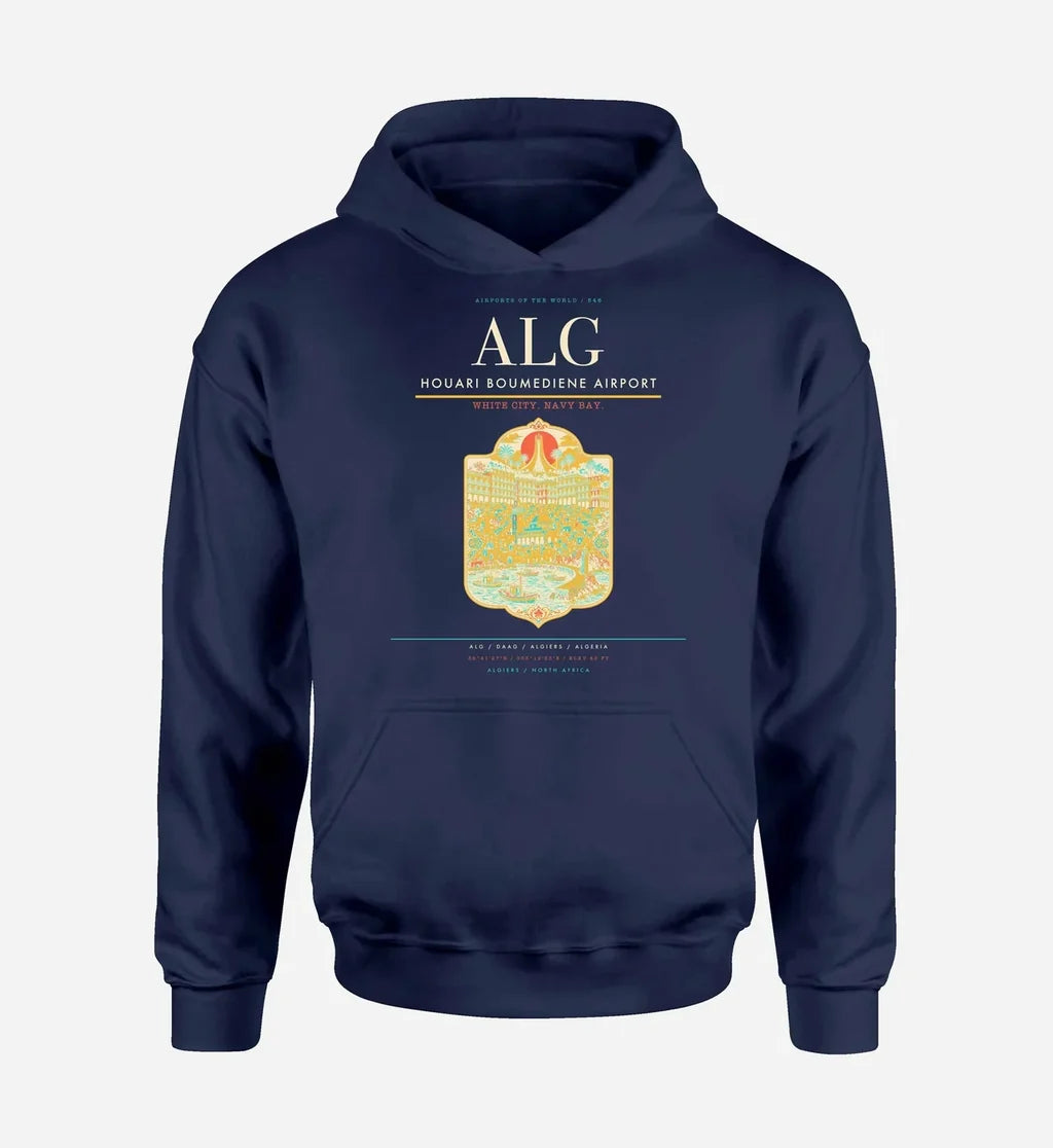 Houari Boumediene Airport (ALG) design on navy blue hoodie single-side print