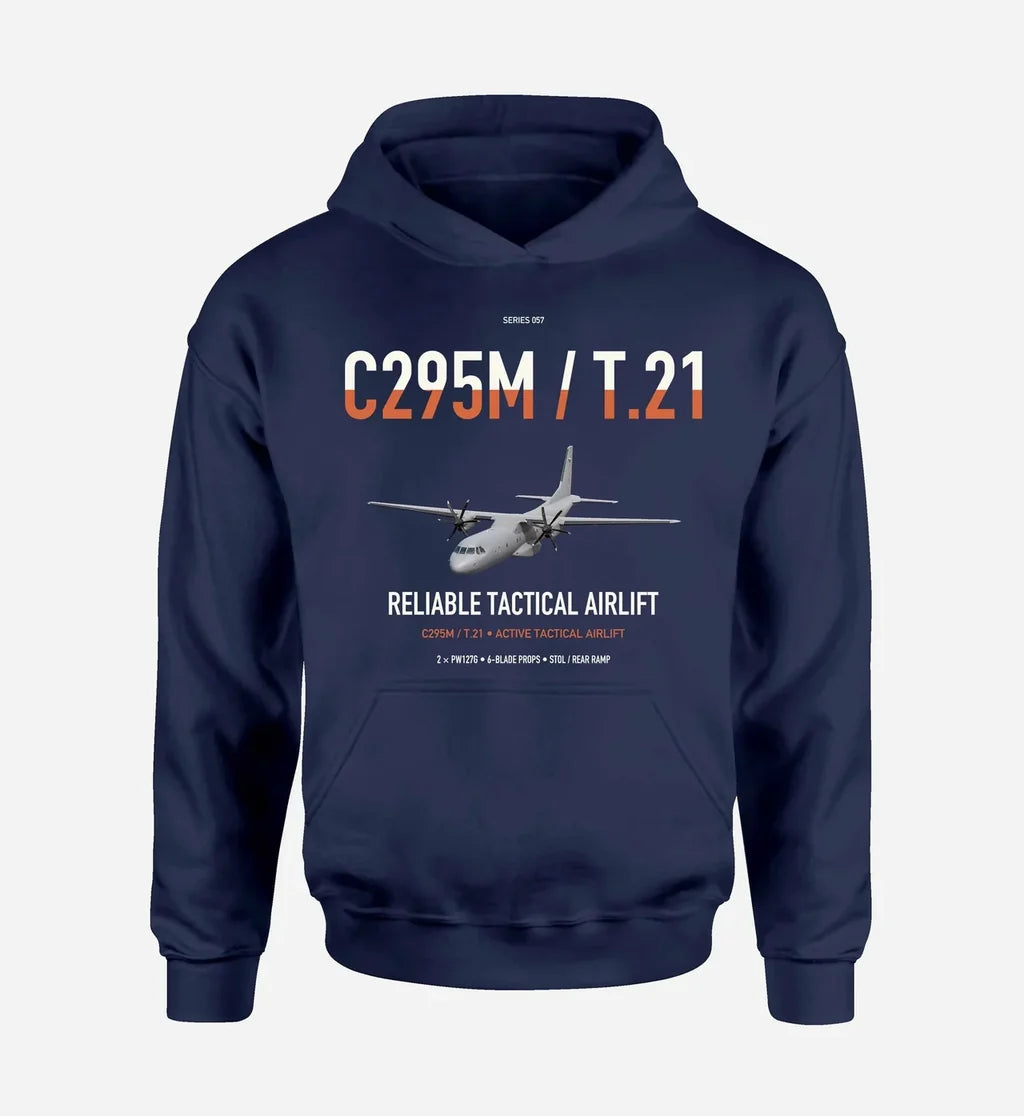 Airbus C295M T.21 design on navy blue double-side hoodie, single-side print