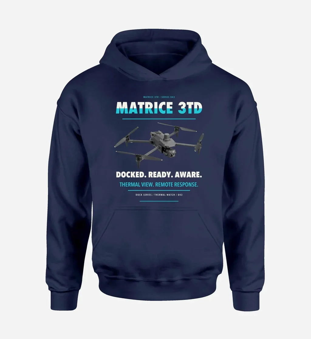 DJI Matrice 3TD design on navy blue hoodie single side