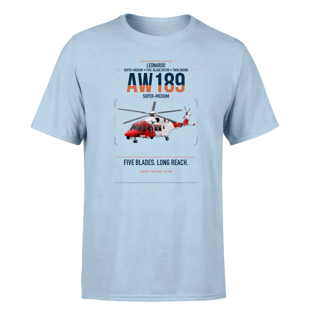 Leonardo AW189 design on light blue t-shirt, single-side print