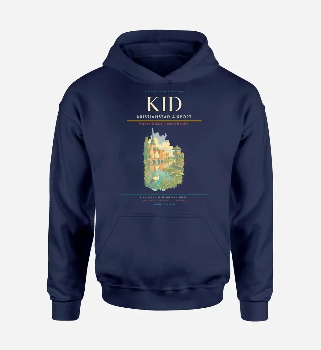 Kristianstad Airport (KID) design on navy blue hoodie single-side print