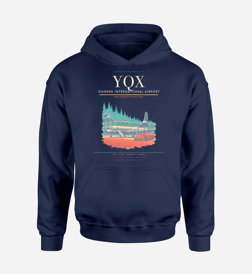 Gander International Airport (YQX) design on navy blue hoodie single-side print