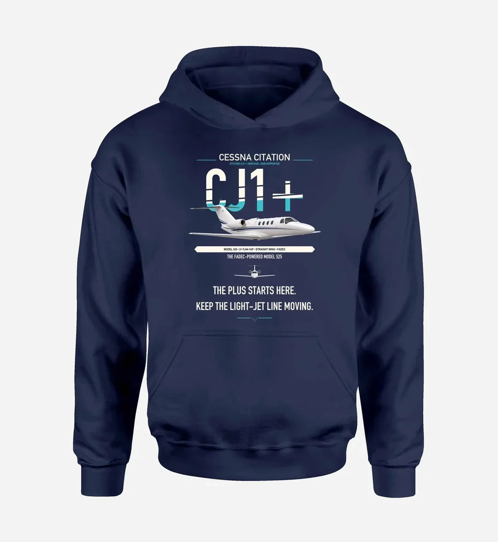 Cessna Citation CJ1+ design on navy blue double-side hoodie, single-side print