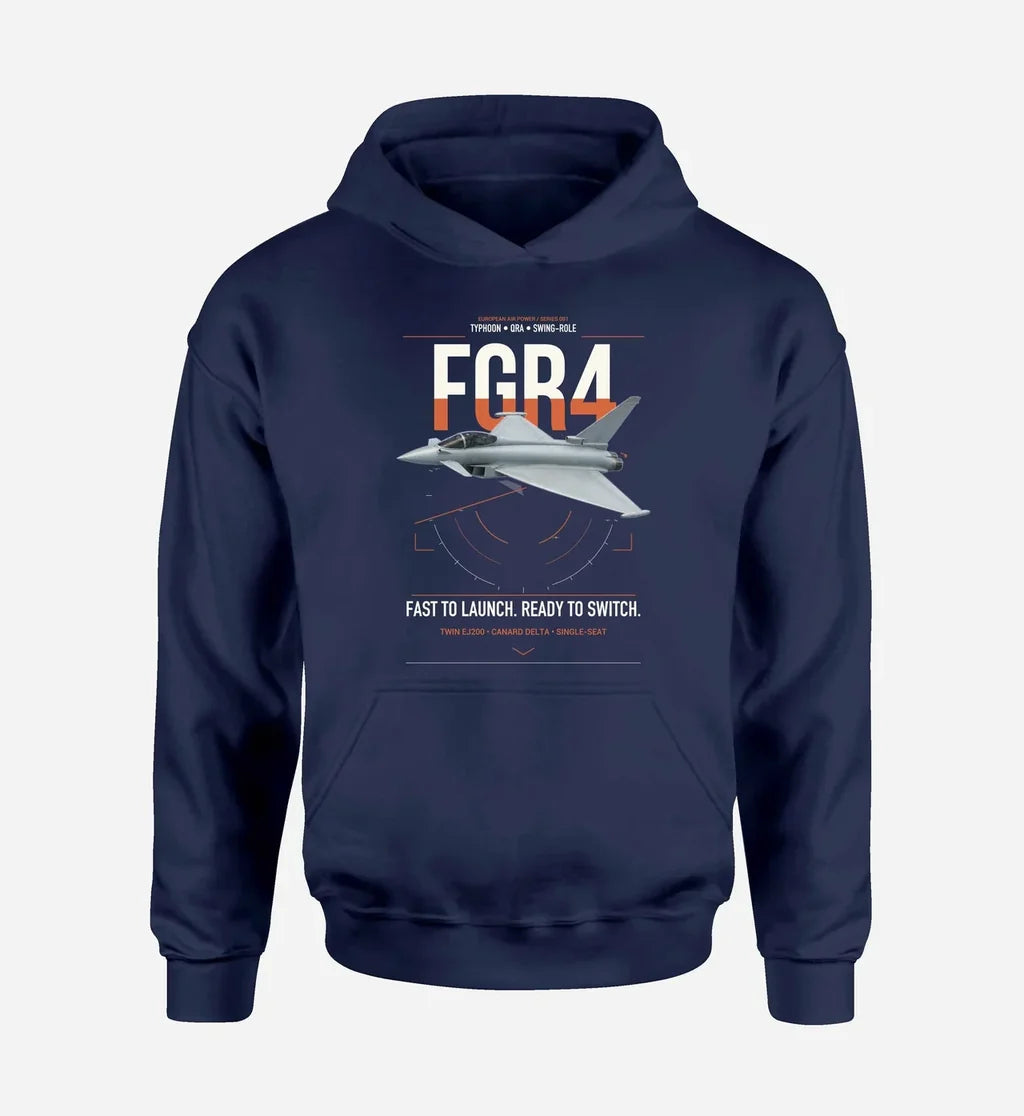 Eurofighter Typhoon FGR4 design on navy blue double-side hoodie, single-side print
