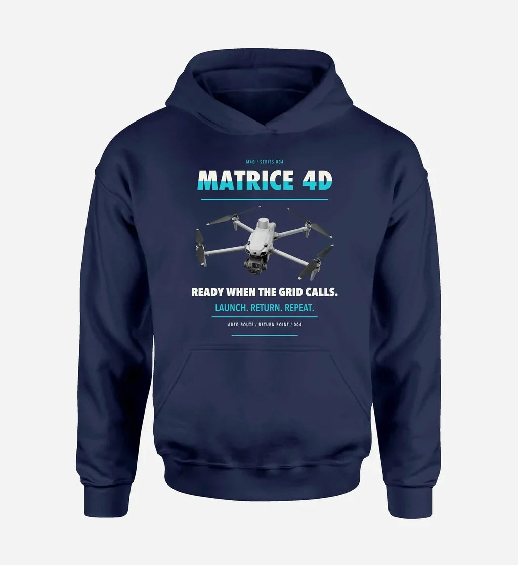 DJI Matrice 4D design on navy blue hoodie single side