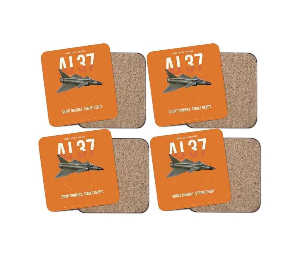 Saab AJ 37 Viggen design on orange 4 pieces set coaster